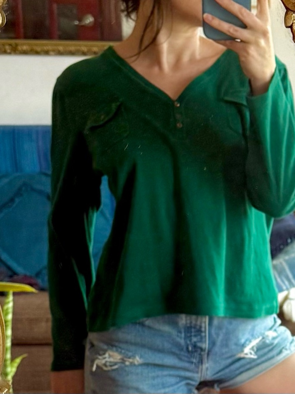 Chaps 90’s Vintage Deep Green Long Sleeve V-Neck Henley Top